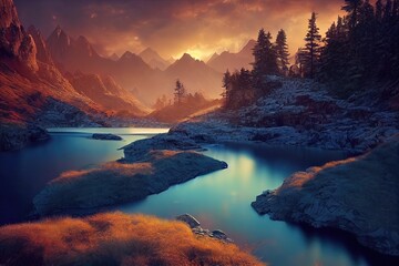 Wall Mural - Breathtaking nature mountain landscape, 3d illustration