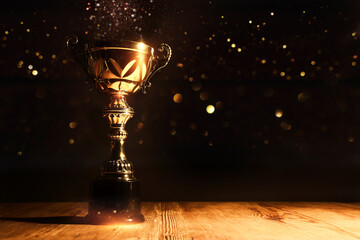 Wall Mural - image of gold trophy with sparkly overlay over dark background