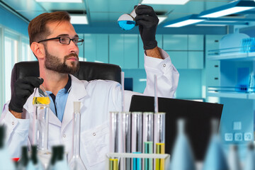 Poster - medic in laboratory examines result of analysis. medic assistant working in biochemistry lab working