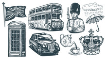 United Kingdom Concept. England, London Set. Hand Drawn Collection Of Illustrations In Vintage Engraving Sketch Style