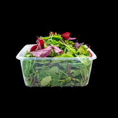 Wall Mural - ilettuce leaves in a plastic box isolate. Salad mix in a box.. solated on black