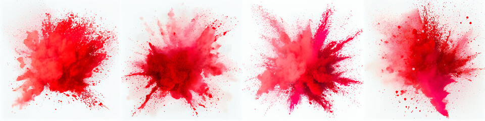 Bright Red Splashes Holi Paint Color Powder Festival Explosion Isolated White Background.