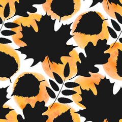 Wall Mural - Black silhouettes of leaves of oak, maple, birch, rowan on white.  Seamless floral pattern. Vector. Perfect for wallpaper, wrapping, fabric and textile. 