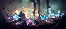 Glowing Butterfly In The Crystal Cave. Fantasy Scenery