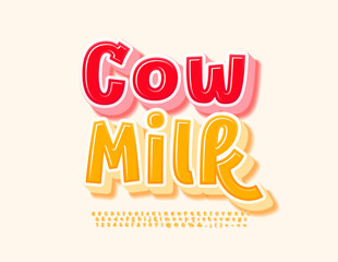 Wall Mural - Vector cute banner Cow Milk with Yellow 3D Font. Creative Alphabet Letters, Numbers and Symbols set