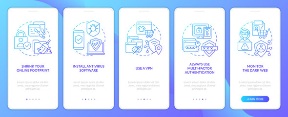 Protect yourself from hackers scams blue gradient onboarding mobile app screen. Walkthrough 5 steps graphic instructions with linear concepts. UI, UX, GUI template. Myriad Pro-Bold, Regular fonts used