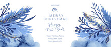 Winter Holiday Background. Blue Watercolor Wash, Plants, Leaves, Snowflakes. Greeting Card, Invitation, Flyer, Cover Print.