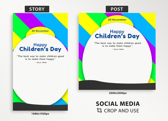 Wall Mural - World Children's Day social media post and story template, crop and use, social media content and feed, 20 November Children Day, easy use template, content design with colorful background