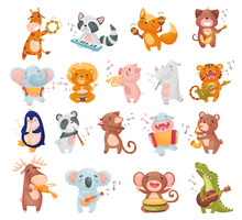 Cute Animals Playing Musical Instrument Performing Concert On Stage Vector Set