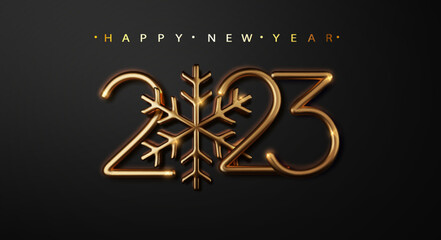 Wall Mural - New year 2023 banner with golden snowflake. Happy new year dark luxury background