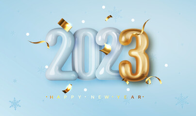 Wall Mural - Happy New 2023 golden and blue glossy numbers on blue background with gold confetti