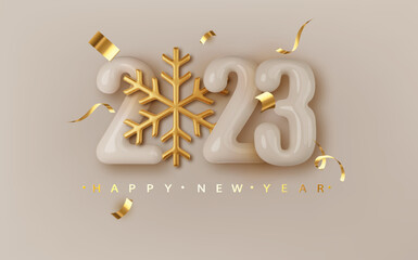 Wall Mural - 2023 3d Realistic white glossy number with golden snowflake. Happy New Year and Merry Christmas 2023. Greeting card. Vector 3d rendering