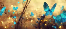 Wide Panoramic Of  Fantasy Forest With Glowing Butterflies. Fantasy Scenery.