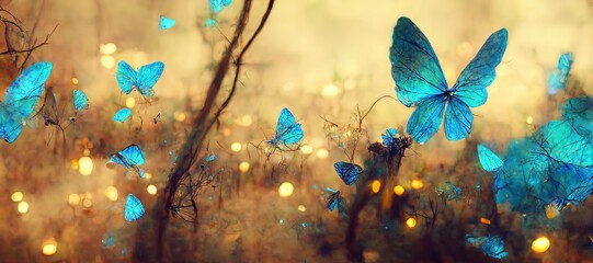 wide panoramic of  fantasy forest with glowing butterflies. fantasy scenery.