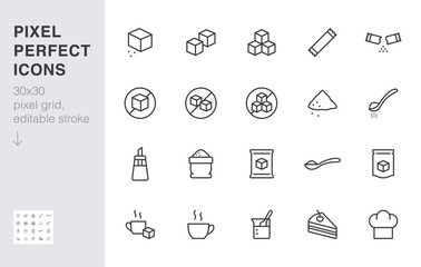 Sugar line icon set. Sweetener, powder, glucose, pouch, sachet, soluble, pack, coffee minimal vector illustration. Simple outline sign for sweet ingredients. 30x30 Pixel Perfect, Editable Stroke