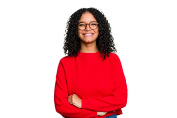 young cute brazilian woman isolated who feels confident, crossing arms with determination.