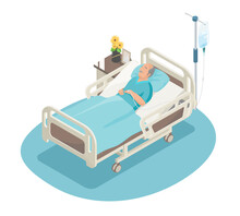 Elderly Care Bedridden Patient Concept Old Man Sleep On Hospital Bed Alone Isometric