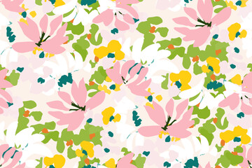 bright contrast multicolored floral pattern with brush strokes of paint