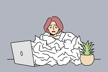 Wall Mural - Tired female employee under paper pile overwhelmed with work in office. Exhausted woman overworked at workplace. Burnout and fatigue. Vector illustration. 