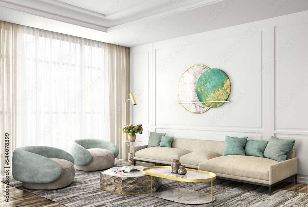 Interior design of modern apartment, living room with sofa and ...