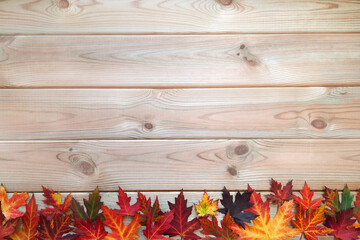 Wall Mural - Autumn table with leaves. Top view. Layout.  Red and yellow maple leaves lie from below on a light wooden background. Flat lay. Large space for text. Concept of autumn products and nutrition.