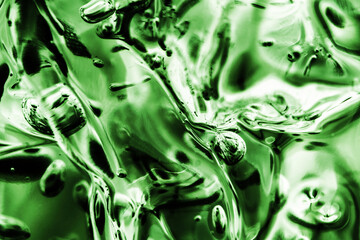 Wall Mural - Green spa healthcare gel. Macro transparent bubbles pattern background. Fizzy water abstract fluid air bubble.