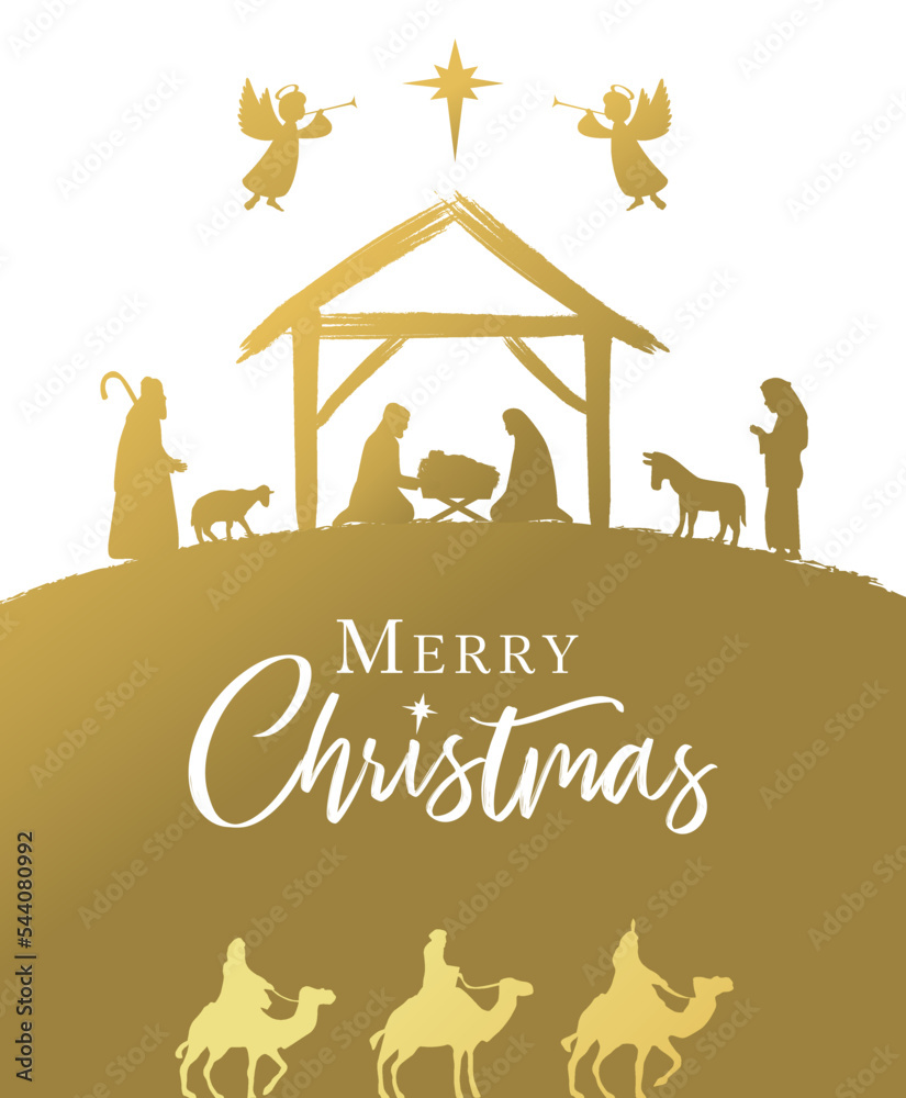 Nativity Message Merry Christmas golden Nativity scene with Holy family and calligraphy ...