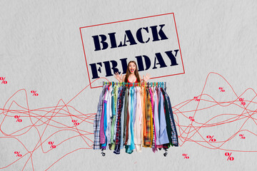 Poster - Collage picture of overjoyed excited girl clothes store rack black friday limited time only proposition isolated on painted background