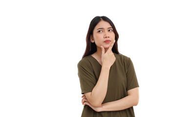 Portrait of beautiful young asian woman standing while thinking something. Isolated on white background