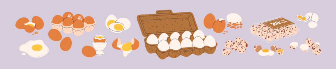 Chicken and quail eggs set. Raw, boiled, fried yellow yolks with broken and whole shell. Farm food packed in cardboard box, plastic container, in cup for breakfast. Isolated flat vector illustrations