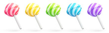 Set Of Colorful Sweet Striped Cute Lollipops Isolated On White Background. Multicolored Round Candies On Stick In Cartoon Style. Candy Icon Set. 3d Vector Illustration