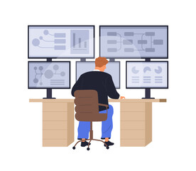 Aufkleber - Man at multiple-screen computer for data analysis. Person works with modern information technology system, statistics, database, studies graphs and charts for research. Flat vector illustration