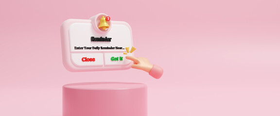 Poster - Reminder 3d illustration on pink podium and background.  notifications page with floating elements. Alert for business planning ,events and timetable. Web banner. Concept web design, 3d rendering