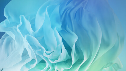 Wall Mural - 3d render, abstract turquoise blue background of drapery layers and folded textile ruffle, flowing fabric macro, wavy fashion wallpaper