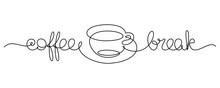 Coffee Break Inscription In Continuous Line Art Drawing Style. Time To Drink A Coffee Cup. Black Linear Design Isolated On White Background. Vector Illustration