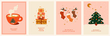 Collection Of New Year's And Christmas Posters. Cocoa Mug, Gift Boxes, Holiday Stockings And Christmas Tree