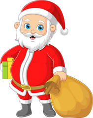 Sticker - The Santa claus is carrying a gift and big sack while posing cutely