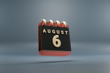 Aufkleber - Standing black and red month lined desk calendar with date August 6. Modern design with golden elements, 3d rendering illustration. Blue gray background..