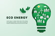 Eco concept and green power with happy family in green city. paper cut vector illustration