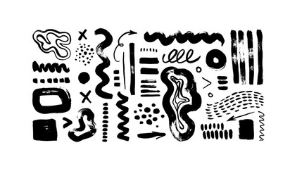 Fototapete - Memphis style geometric elements isolated on white background. Different black brush strokes and geometric shapes. Brush drawn abstract shapes, grunge dots, curls, lines. Funky freehand elements.