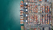 © Kalyakan - Aerial top view container ship global business logistic transportation import export container box, Container cargo ship boat freight shipping maritime commercial port, Cargo vessel industrial port.
