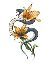 Snake In Orchid Flowers Colored Tattoo