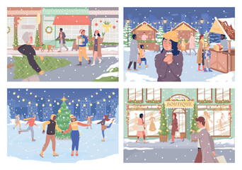 Poster - Winter outdoor recreation flat color vector illustration set. Xmas holiday. Seasonal fuss. Fully editable 2D simple cartoon characters collection with festive Christmas atmosphere on background