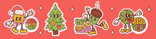 Christmas Sticker Set With Vibrant Lettering Hippie Wishes Words. Groovy Hand Drawn Letters Congratulations With Retro Characters. 70s And 60s Typography For Social Media. Vector Contour Design.