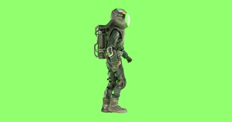 Wall Mural - chroma key side view of male astronaut wearing a spacesuit walking against green screen
