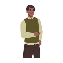 Poster - Afro american male character with raised hand asking and gesturing. Isolated portrait of calm man wearing casual clothes, formal wear of employee. Vector in flat cartoon style