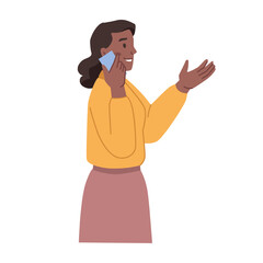 Aufkleber - Female character wearing formal clothes talking on phone. Woman with smartphone, holding gadget in hands and communicating, explaining. Vector in flat cartoon style