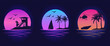 Vector Synthwave Graphics. Beaches, yachts and surfing. Miami California Hawaii design. Red Sunsets with sillhouettes | Vector Design for apparel t-shirt