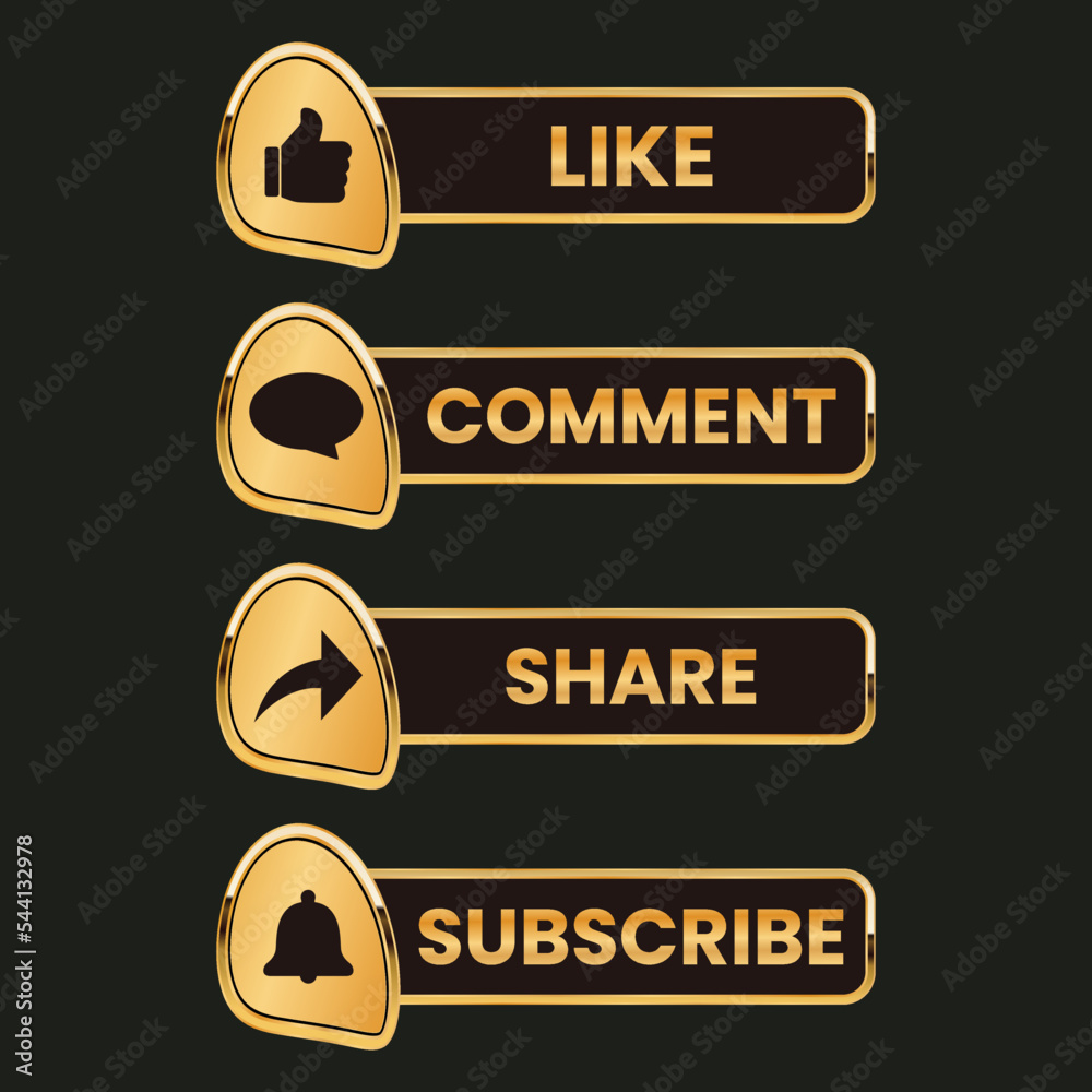 golden like comment share and subscribe button and text box set Stock ...