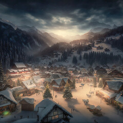 Wall Mural - Weihnachtliche Winterlandschaft Christmas Jahreszeit Berge Alpen Schnee Ländlich Ruhig Digital AI Art Illustration
